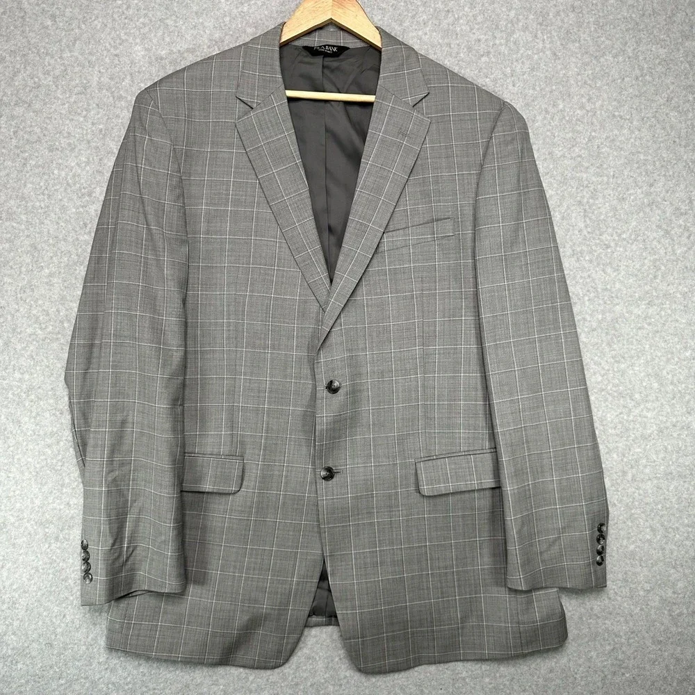 Jos A Bank Mens 46 XLG Tailored Fit Plaid Blazer Sport Coat Jacket Gray Wool